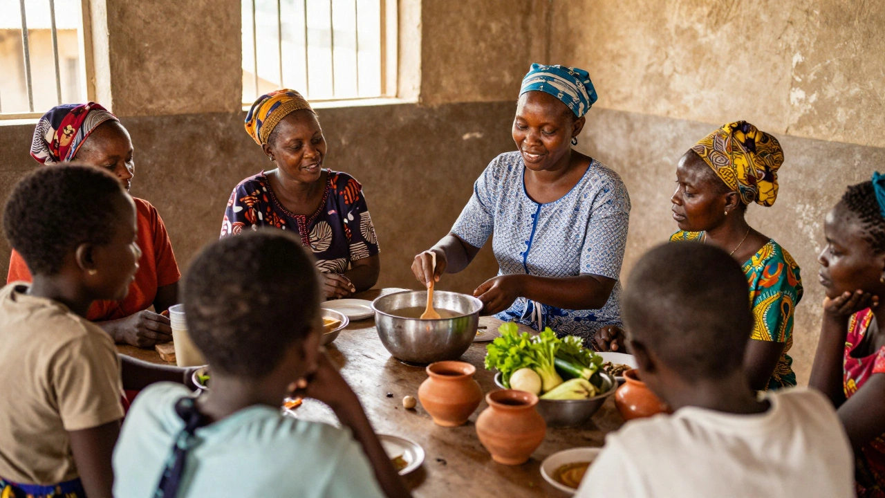 African woman teaches cooking to foreign tourists in a bright community center.