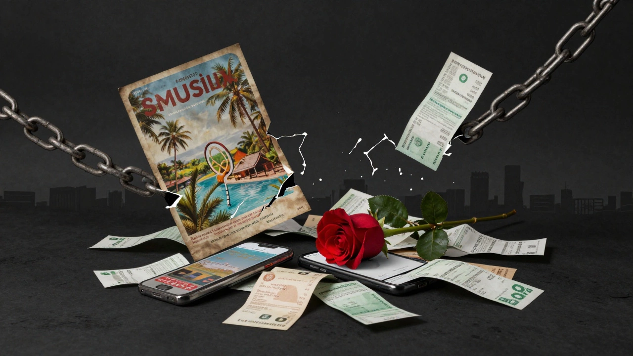 Broken chains and a faded brochure float above payment receipts in a dark abstract space.