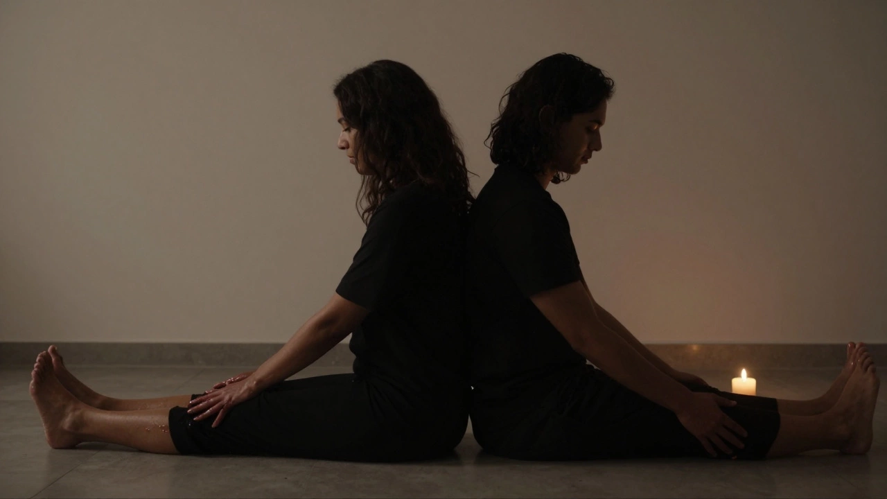 Two silhouettes sit back-to-back in a calm room, connected through the slow, tender act of foot massage.